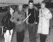 Susan Tully, Bill Treacher, David Scarbrough, and Wendy Richard on the beach at Southend, Essex